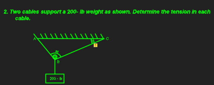 2. Two cables support a 200- Ib weight as shown. Determine the tension in each
cable.
200 - Ib
