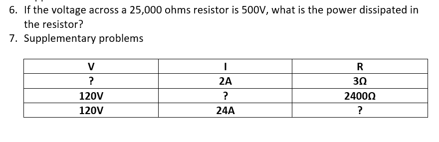 6. If the voltage across a 25,000 ohms resistor is 500V, what is the power dissipated in
the resistor?
7. Supplementary problems
V
R
?
2A
30
120V
?
24000
120V
24A
?
