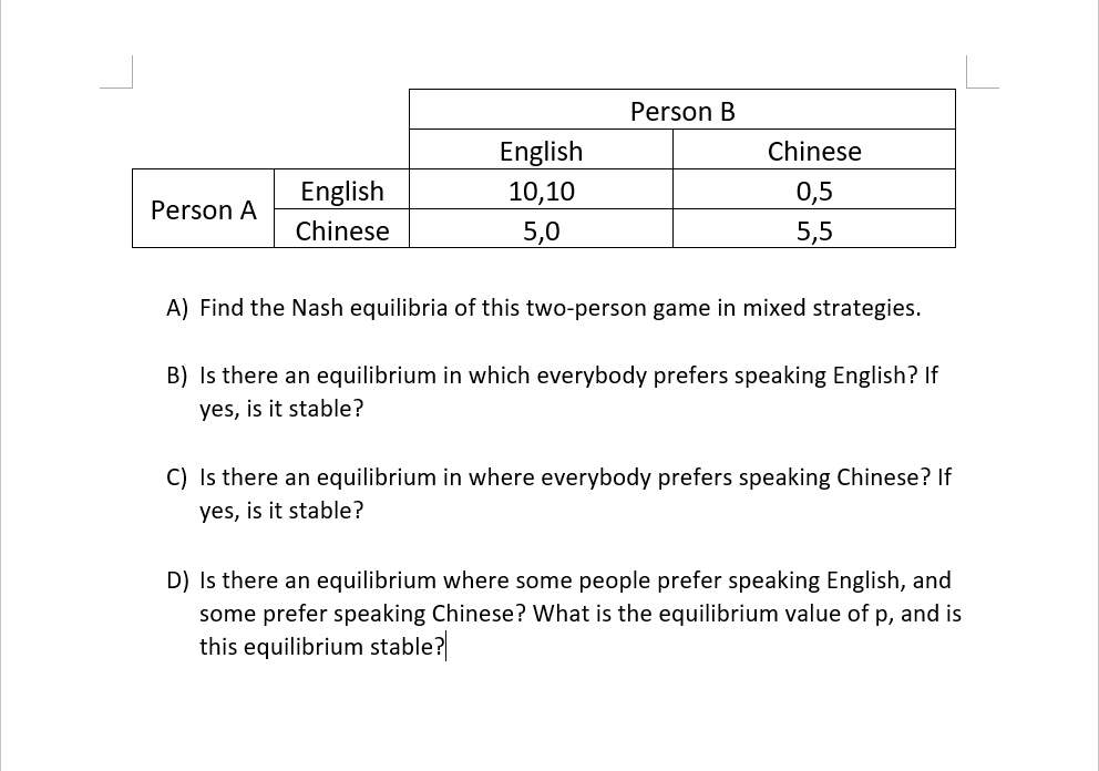 Person A
English
Chinese
English
10,10
5,0
Person B
Chinese
0,5
5,5
A) Find the Nash equilibria of this two-person game in mixed strategies.
B) Is there an equilibrium in which everybody prefers speaking English? If
yes, is it stable?
C) Is there an equilibrium in where everybody prefers speaking Chinese? If
yes, is it stable?
D) Is there an equilibrium where some people prefer speaking English, and
some prefer speaking Chinese? What is the equilibrium value of p, and is
this equilibrium stable?