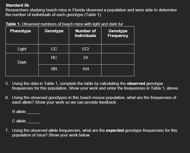 Standard 5b
Researchers studying beach mice in Florida observed a population and were able to determine
the number of individuals of each genotype (Table 1).
Table 1. Observed numbers of beach mice with light and dark fur
Phenotype
Genotype
Number of
Individuals
Light
Dark
CC
RC
RR
572
24
104
Genotype
Frequency
5. Using the data in Table 1, complete the table by calculating the observed genotype
frequencies for this population. Show your work and enter the frequencies in Table 1, above.
6. Using the observed genotypes in this beach mouse population, what are the frequencies of
each allele? Show your work so we can provide feedback.
R allele
C allele
7. Using the observed allele frequencies, what are the expected genotype frequencies for this
population of mice? Show your work below.