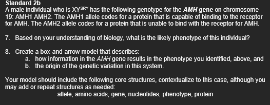 Standard 2b
A male individual who is XYSRY has the following genotype for the AMH gene on chromosome
19: AMH1 AMH2. The AMH1 allele codes for a protein that is capable of binding to the receptor
for AMH. The AMH2 allele codes for a protein that is unable to bind with the receptor for AMH.
7. Based on your understanding of biology, what is the likely phenotype of this individual?
8. Create a box-and-arrow model that describes:
a. how information in the AMH gene results in the phenotype you identified, above, and
b. the origin of the genetic variation in this system.
Your model should include the following core structures, contextualize to this case, although you
may add or repeat structures as needed:
allele, amino acids, gene, nucleotides, phenotype, protein