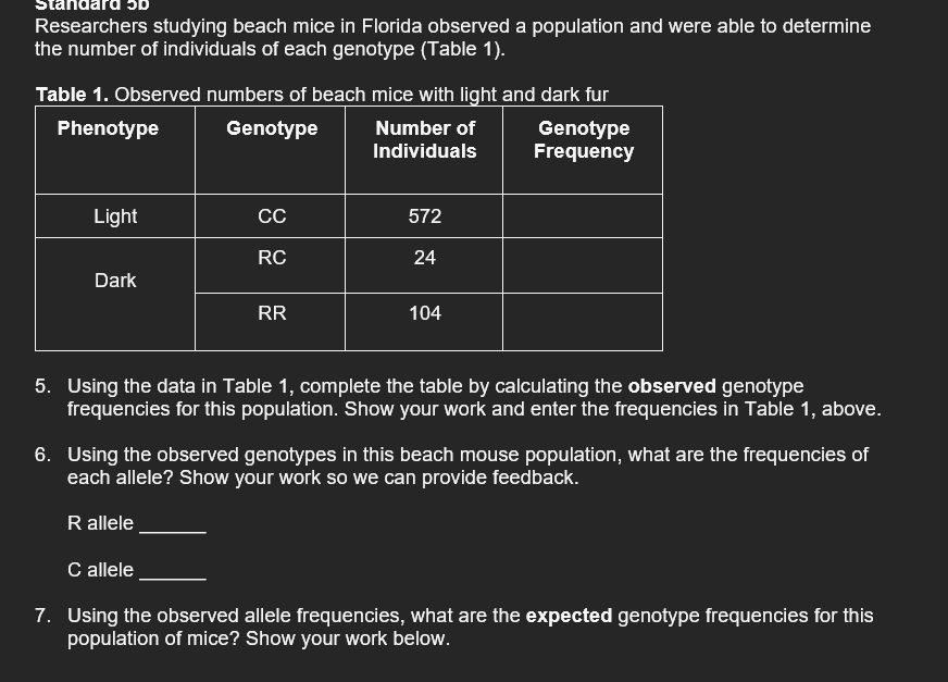 Researchers studying beach mice in Florida observed a population and were able to determine
the number of individuals of each genotype (Table 1).
Table 1. Observed numbers of beach mice with light and dark fur
Phenotype
Genotype
Number of
Individuals
Light
Dark
CC
RC
RR
572
24
104
Genotype
Frequency
5. Using the data in Table 1, complete the table by calculating the observed genotype
frequencies for this population. Show your work and enter the frequencies in Table 1, above.
6. Using the observed genotypes in this beach mouse population, what are the frequencies of
each allele? Show your work so we can provide feedback.
R allele
C allele
7. Using the observed allele frequencies, what are the expected genotype frequencies for this
population of mice? Show your work below.