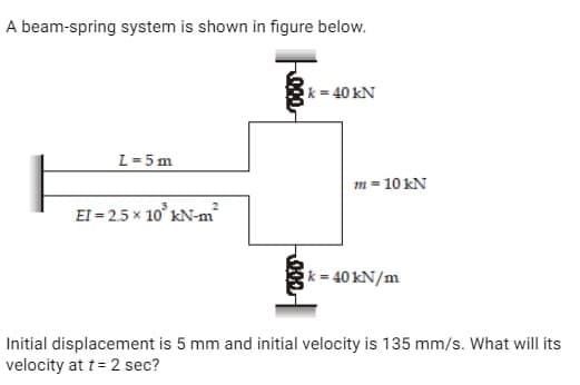 A beam-spring system is shown in figure below.
L = 5m
EI=2.5 × 10³ kN-m²
000
000
k = 40 kN
m = 10 kN
k = 40 kN/m
Initial displacement is 5 mm and initial velocity is 135 mm/s. What will its
velocity at t = 2 sec?