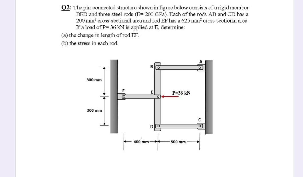 Q2: The pin-connected structure shown in figure below consists of a rigid member
BED and three steel rods (E= 200 GPa). Each of the rods AB and CD has a
200 mm? cross-sectional area and rod EF has a 625 mm? cross-sectional area.
If a load of P= 36 kN is applied at E, determine:
(a) the change in length of rod EF.
(b) the stress in each rod.
B.
300 mm
E
P=36 kN
300 mm
400 mm
500 mm
