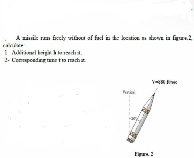 A missile runs freely without of fuel in the location as shown in figure.2,
calculate:-
1- Additional height h to reach it,
2- Corresponding time t to reach it.
V-880 ft/sec
Vertical
I
I
+-30%
Figure. 2