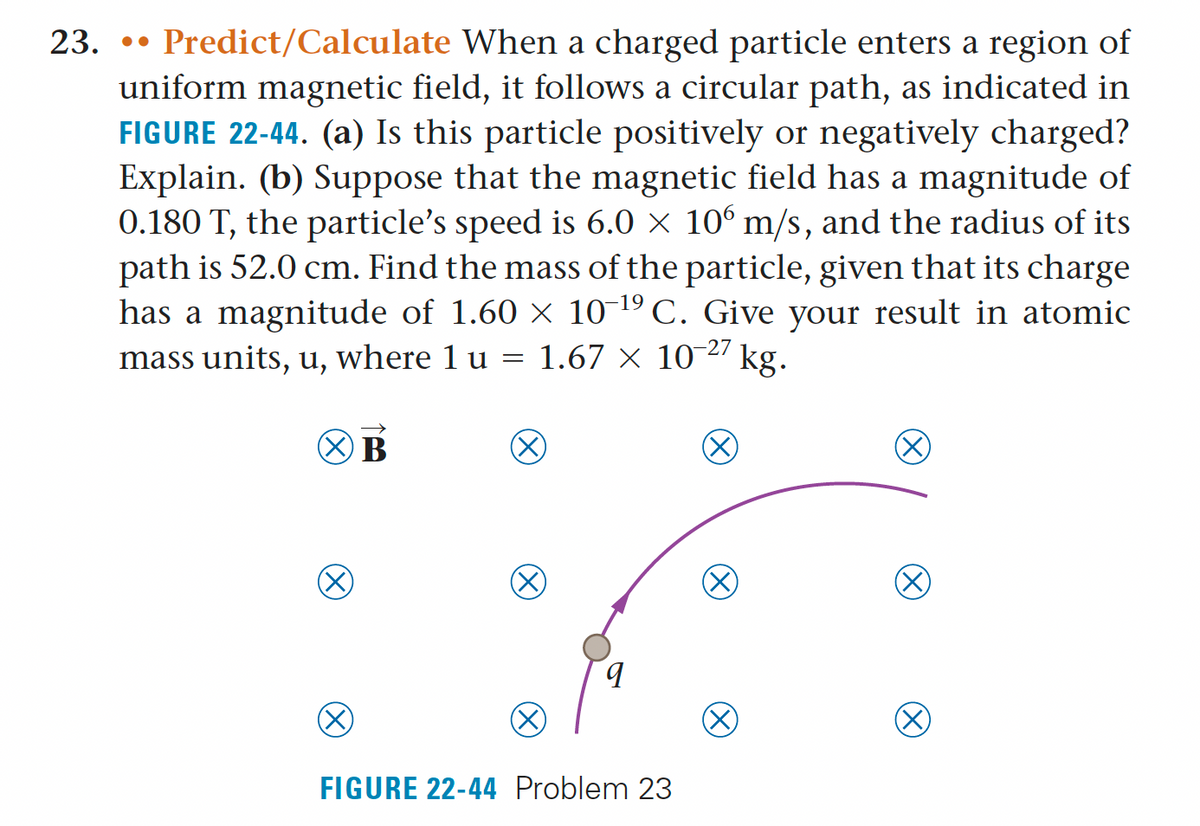 23. Predict/Calculate When a charged particle enters a region of
uniform magnetic field, it follows a circular path, as indicated in
FIGURE 22-44. (a) Is this particle positively or negatively charged?
Explain. (b) Suppose that the magnetic field has a magnitude of
0.180 T, the particle's speed is 6.0 × 106 m/s, and the radius of its
path is 52.0 cm. Find the mass of the particle, given that its charge
has a magnitude of 1.60 × 10-¹9 C. Give your result in atomic
mass units, u, where 1 u = 1.67 × 10-27
kg.
(X)
XB
X
X
9
FIGURE 22-44 Problem 23
X
X