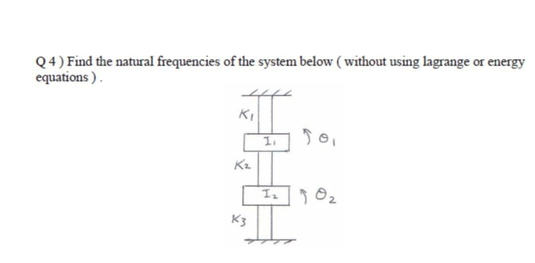 Q4) Find the natural frequencies of the system below (without using lagrange or energy
equations ).
KI
1.
K2
Iz
K3
