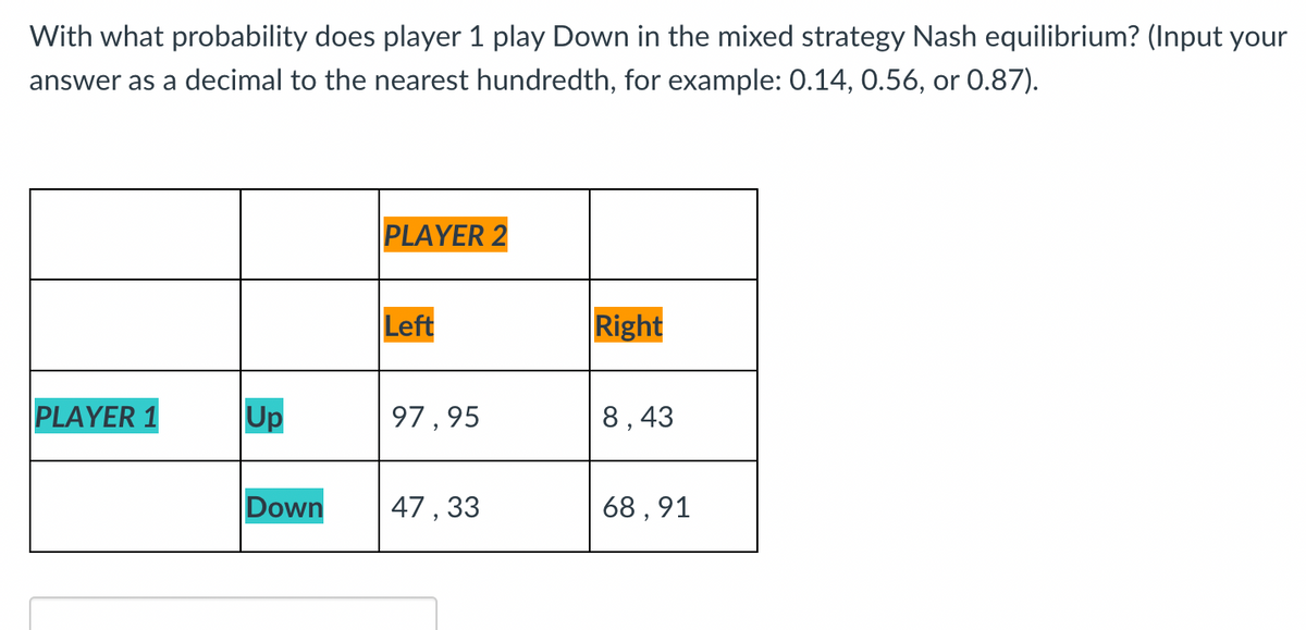 With what probability does player 1 play Down in the mixed strategy Nash equilibrium? (Input your
answer as a decimal to the nearest hundredth, for example: 0.14, 0.56, or 0.87).
PLAYER 1
Up
Down
PLAYER 2
Left
97,95
47, 33
Right
8,43
68,91