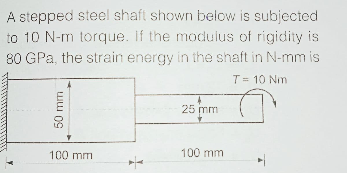 A stepped steel shaft shown below is subjected
to 10 N-m torque. If the modulus of rigidity is
80 GPa, the strain energy in the shaft in N-mm is
T = 10 Nm
%3D
25 mm
100 mm
100 mm
