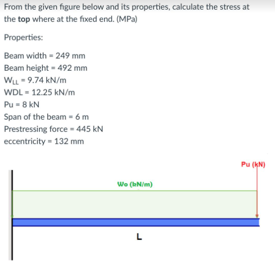 From the given figure below and its properties, calculate the stress at
the top where at the fixed end. (MPa)
Properties:
Beam width = 249 mm
Beam height = 492 mm
WLL = 9.74 kN/m
WDL = 12.25 kN/m
Pu = 8 kN
Span of the beam = 6 m
Prestressing force = 445 kN
eccentricity = 132 mm
Pu (kN)
Wo (kN/m)
L
