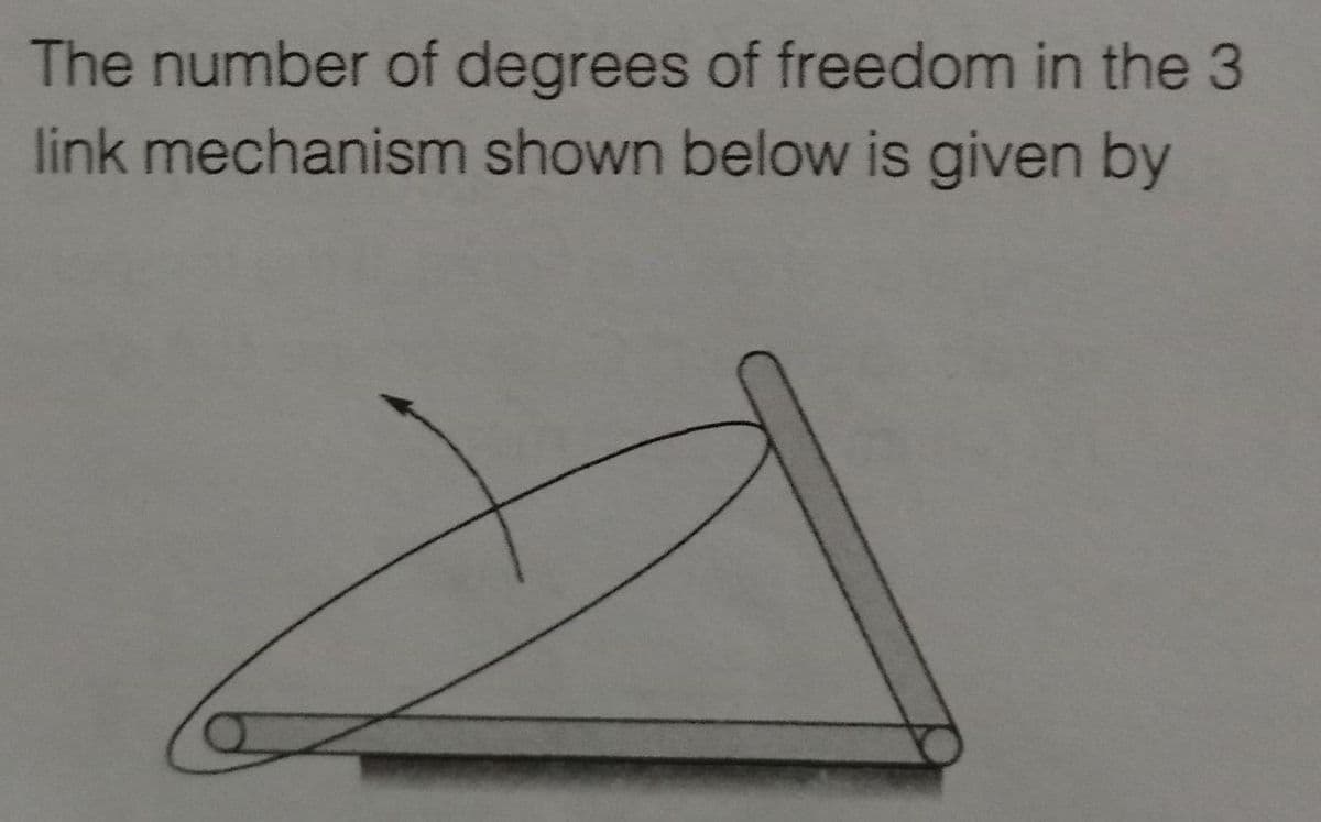 The number of degrees of freedom in the 3
link mechanism shown below is given by
