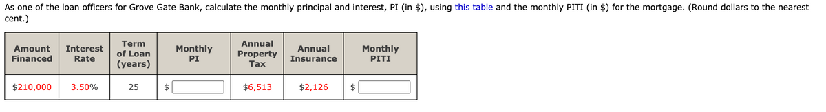 As one of the loan officers for Grove Gate Bank, calculate the monthly principal and interest, PI (in $), using this table and the monthly PITI (in $) for the mortgage. (Round dollars to the nearest
cent.)
Term
Annual
Amount
Interest
Monthly
Annual
Monthly
of Loan
Property
Тax
Financed
Rate
PI
Insurance
PITI
(years)
$210,000
3.50%
25
$6,513
$2,126
%24
