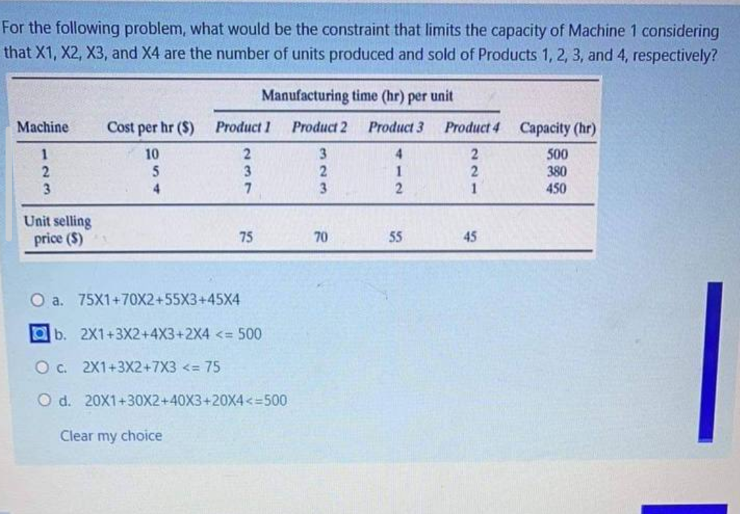 For the following problem, what would be the constraint that limits the capacity of Machine 1 considering
that X1, X2, X3, and X4 are the number of units produced and sold of Products 1, 2, 3, and 4, respectively?
Manufacturing time (hr) per unit
Machine
Cost per hr ($) Product 1 Product 2
Product 3
Product 4 Capacity (hr)
1
10
4
500
2
5
1
380
3
4
2
450
Unit selling
price ($)
75
55
O a. 75X1+70X2+55X3+45X4
237
b. 2X1+3X2+4X3+2X4 <= 500
O c. 2X1+3X2+7X3 <= 75
O d. 20X1+30X2+40X3+20X4<=500
Clear my choice
323
70
221
45