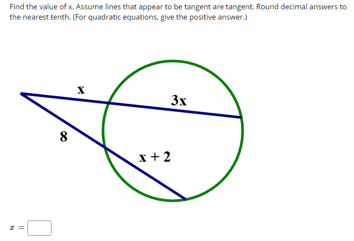Find the value of x. Assume lines that appear to be tangent are tangent. Round decimal answers to
the nearest tenth. (For quadratic equations, give the positive answer.)
X
3x
x + 2
