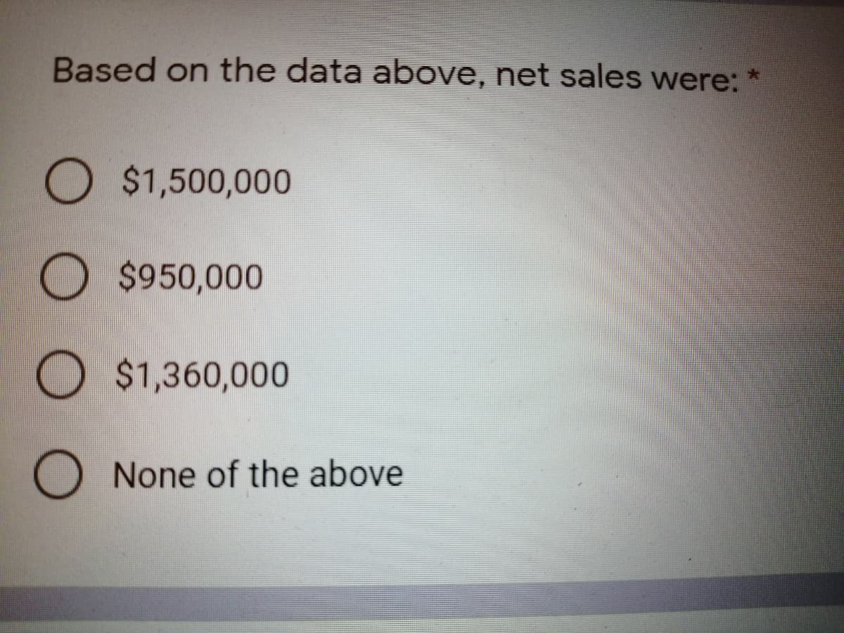 Based on the data above, net sales were: *
$1,500,000
O $950,000
O $1,360,000
None of the above

