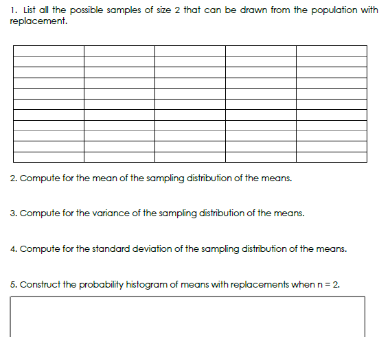 1. List all the possible samples of size 2 that can be drawn from the population with
replacement.
2. Compute for the mean of the sampling distribution of the means.
3. Compute for the variance of the sampling distribution of the means.
4. Compute for the standard deviation of the sampling distribution of the means.
5. Construct the probability histogram of means with replacements when n= 2.
