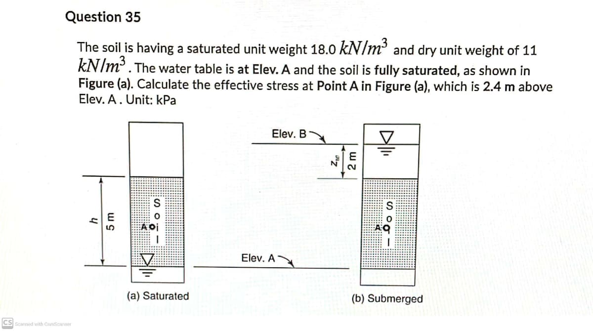 Question 35
The soil is having a saturated unit weight 18.0 kN/m³ and dry unit weight of 11
kN/m³. The water table is at Elev. A and the soil is fully saturated, as shown in
Figure (a). Calculate the effective stress at Point A in Figure (a), which is 2.4 m above
Elev. A. Unit: kPa
Elev. B
2.
Elev. A
(a) Saturated
(b) Submerged
cs
CS Scanned with CamScanner
5 m
2 m
