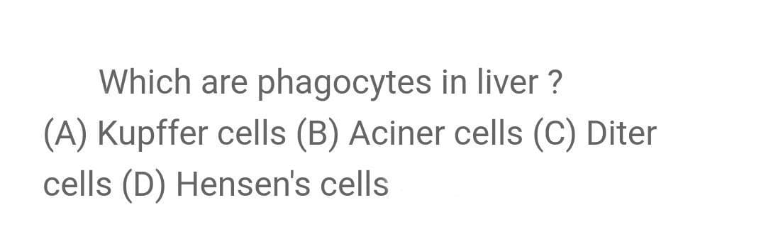 Which are phagocytes in liver ?
(A) Kupffer cells (B) Aciner cells (C) Diter
cells (D) Hensen's cells
