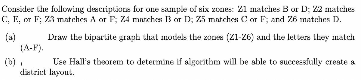 Consider the following descriptions for one sample of six zones: Z1 matches B or D; Z2 matches
C, E, or F; Z3 matches A or F; Z4 matches B or D; Z5 matches C or F; and Z6 matches D.
(a)
(A-F).
Draw the bipartite graph that models the zones (Z1-Z6) and the letters they match
(b)
district layout.
Use Hall's theorem to determine if algorithm will be able to successfully create a

