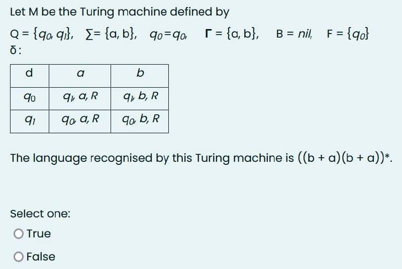 Let M be the Turing machine defined by
Q = {qoq, [= {a,b}, qo=90₁ r = {a,b}, B = nil, F = {90}
d:
d
90
91
a
91, a, R
90, a, R
Select one:
O True
False
The language recognised by this Turing machine is ((b + a)(b + a))*.
b
qv, b, R
qo, b, R
