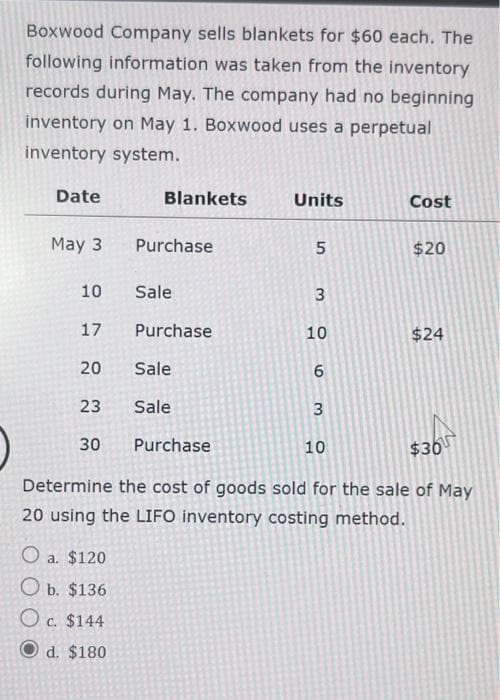 Boxwood Company sells blankets for $60 each. The
following information was taken from the inventory
records during May. The company had no beginning
inventory on May 1. Boxwood uses a perpetual
inventory system.
Date
May 3
10
17
20
23
30
Blankets
O a. $120
Ob. $136
O c. $144
Od. $180
Purchase
Sale
Purchase
Sale
Sale
Units
5
3
10
6
3
10
Cost
$20
$24
Purchase
$36
Determine the cost of goods sold for the sale of May
20 using the LIFO inventory costing method.