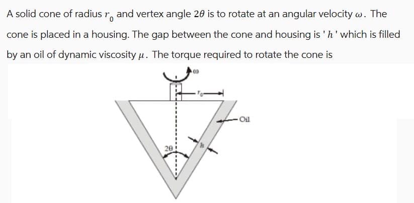 A solid cone of radius rand vertex angle 20 is to rotate at an angular velocity w. The
cone is placed in a housing. The gap between the cone and housing is 'h' which is filled
by an oil of dynamic viscosity μ. The torque required to rotate the cone is
20
E
-Oil