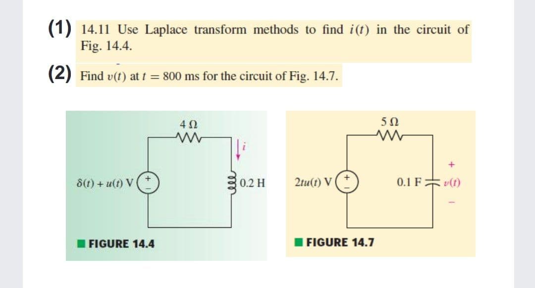 (1) 14.11 Use Laplace transform methods to find i(t) in the circuit of
Fig. 14.4.
(2) Find v(t) at t = 800 ms for the circuit of Fig. 14.7.
50
8(1) + u(t) V
0.2 H
2tu(t) V
0.1 F v(t)
FIGURE 14.4
I FIGURE 14.7
