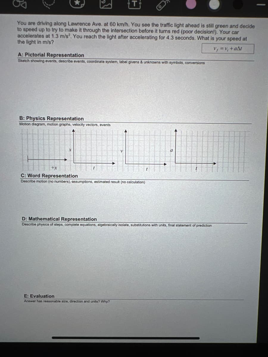 You are driving along Lawrence Ave. at 60 km/h. You see the traffic light ahead is still green and decide
to speed up to try to make it through the intersection before it turns red (poor decision!). Your car
accelerates at 1.3 m/s. You reach the light after accelerating for 4.3 seconds. What is your speed at
the light in m/s?
V =v, +aAt
A: Pictorial Representation
Sketch showing events, describe events, coordinate system, label givens & unknowns with symbols, conversions
B: Physics Representation
Motion diagram, motion graphs, velocity vectors, events
a
C: Word Representation
Describe motion (no numbers),-assumptions, estimated result (no calculation)
D: Mathematical Representation
Describe physics of steps, complete equations, algebraically isolate, substitutions with units, final statement of prediction
E: Evaluation
Answer has reasonable size, direction and units? Why?

