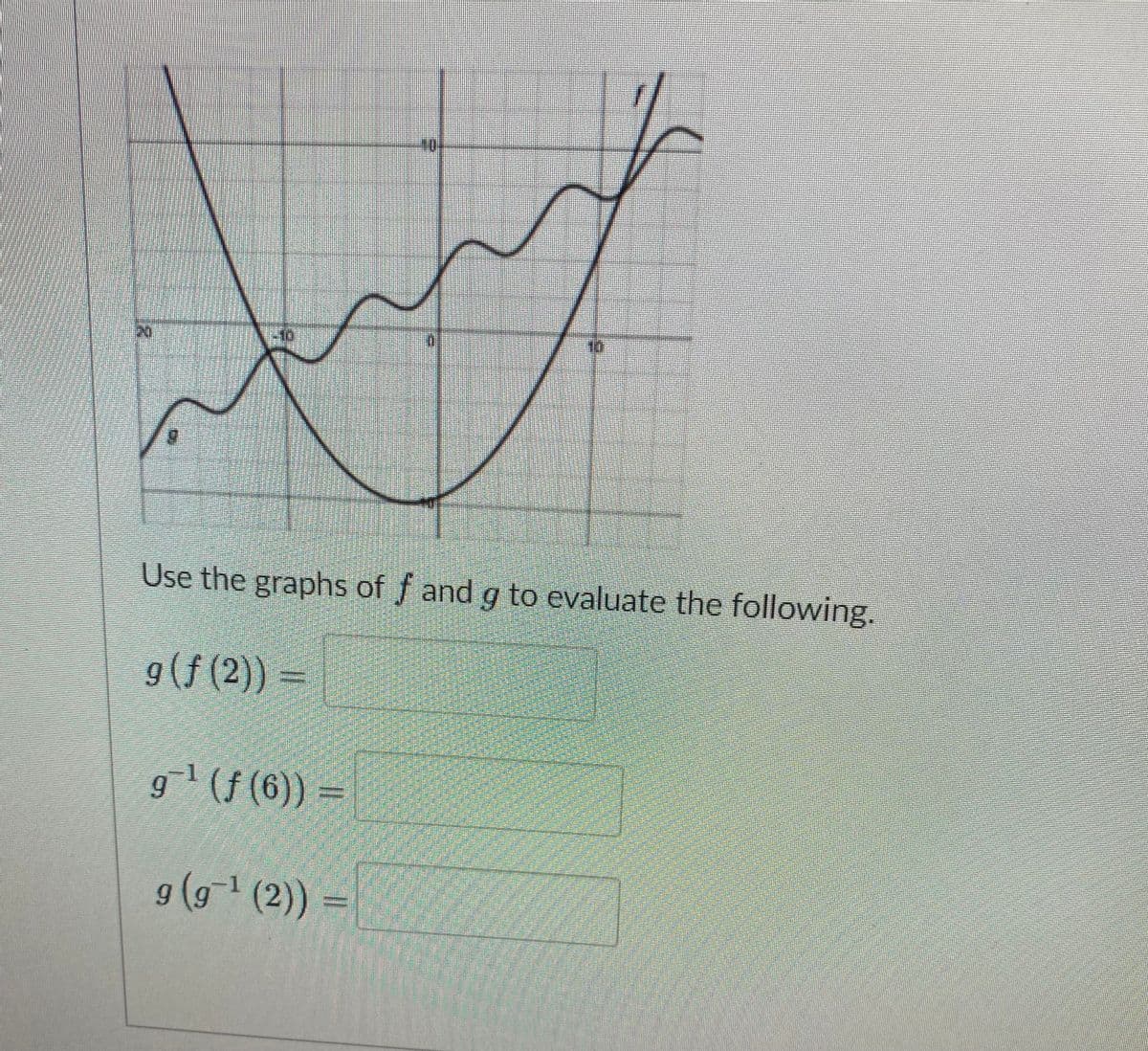 6.
Use the graphs of f and g to evaluate the following.
9(f (2)) =
g1 (f (6)) =
g (9 (2)) =
