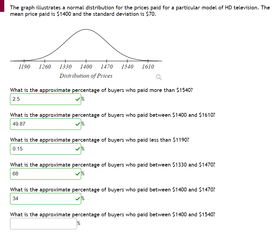 The graph illustrates a normal distribution for the prices paid for a particular model of HD television. The
mean price paid is $1400 and the standard deviation is $70.
1190
1260
1330
1400
1470
1540
1610
Distribution of Prices
What is the approximate percentage of buyers who paid more than $1540?
2.5
What is the approximate percentage of buyers who paid between $1400 and $1610?
49.87
What is the approximate percentage of buyers who paid less than $1190?
0.15
What is the approximate percentage of buyers who paid between $1330 and $1470?
68
%-
What is the approximate percentage of buyers who paid between $1400 and $1470?
34
What is the approximate percentage of buyers who paid between $1400 and $1540?
%
