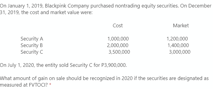 On January 1, 2019, Blackpink Company purchased nontrading equity securities. On December
31, 2019, the cost and market value were:
Cost
Market
Security A
Security B
Security C
1,000,000
1,200,000
2,000,000
1,400,000
3,500,000
3,000,000
On July 1, 2020, the entity sold Security C for P3,900,000.
What amount of gain on sale should be recognized in 2020 if the securities are designated as
measured at FVTOCI? *
