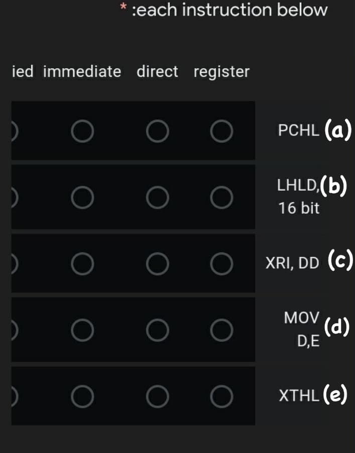 * :each instruction below
ied immediate direct register
PCHL (a)
LHLD,(b)
16 bit
XRI, DD (c)
MOV
(d)
D,E
XTHL (e)
