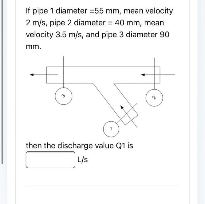 If pipe 1 diameter = 55 mm, mean velocity
2 m/s, pipe 2 diameter = 40 mm, mean
velocity 3.5 m/s, and pipe 3 diameter 90
mm.
3
then the discharge value Q1 is
L/S
2
