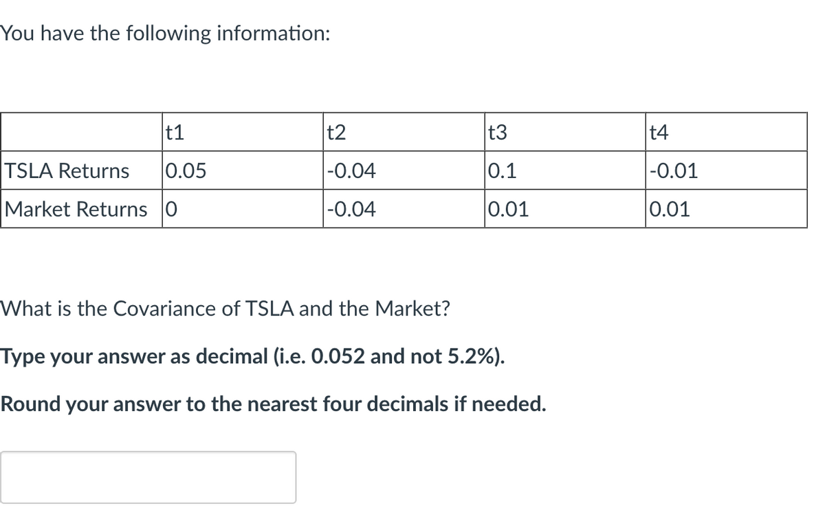You have the following information:
t1
t2
t3
t4
TSLA Returns
0.05
-0.04
0.1
-0.01
Market Returns 0
-0.04
0.01
0.01
What is the Covariance of TSLA and the Market?
Type your answer as decimal (i.e. 0.052 and not 5.2%).
Round your answer to the nearest four decimals if needed.