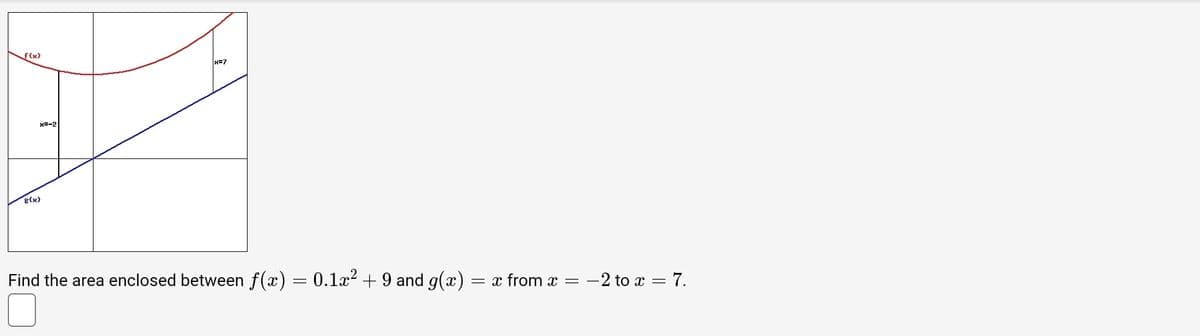 f(x)
x=-2
g(x)
x=7
Find the area enclosed between f(x) = 0.1x² + 9 and g(x) = x from x =
-2 to x = 7.