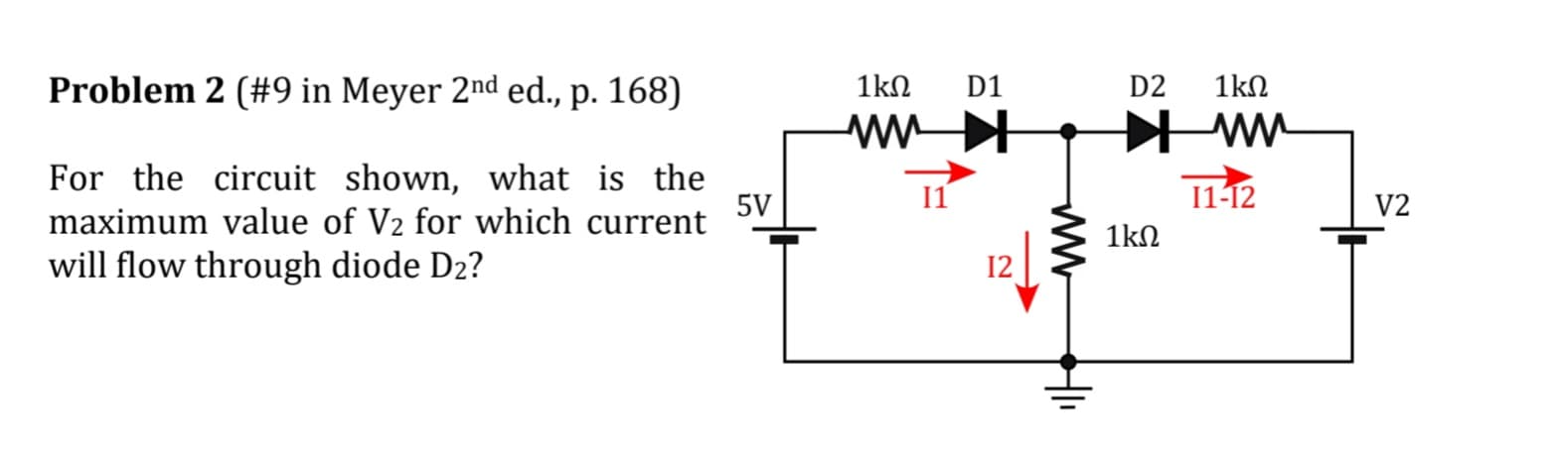 Problem 2 (#9 in Meyer 2nd ed., p. 168)
For the circuit shown, what is the
maximum value of V₂ for which current
will flow through diode D₂?
5V
1kΩ
ww
D1
12
ww
HI₁
D2
1kΩ
1kΩ
ww
11-12
V2