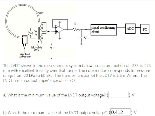 Bourden
R
signal conditioning
circuit
ADC
PC
Movable
core
Applied
pressure
The LVDT shown in the measurement system below has a core motion of -275 to 275
mm with excellent linearity over that range. The core motion corresponds to pressure
range from 20 kPa to 60 kPa, The transfer function of the LDTV is 1,5 mV/mm. The
LVDT has an output impedance of 0.5 k2.
a) What is the minimum value of the LVDT output voltage?
b) What is the maximum value of the LVDT output voltage? (0.412
