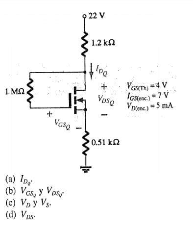 9 22 V
1.2 k2
Ioe
Vasm) = 4 V
IGstenc.) = 7 V
VpsQ
1 ΜΩ
VDlenc.) = 5 mA
+
VGsQ
0.51 k2
(a) Ipo
(b) Vas, y Vos,
(c) Vp y Vs.
(d) VDs-
