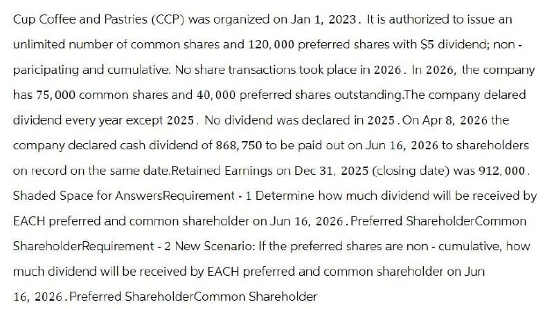Cup Coffee and Pastries (CCP) was organized on Jan 1, 2023. It is authorized to issue an
unlimited number of common shares and 120,000 preferred shares with $5 dividend; non-
paricipating and cumulative. No share transactions took place in 2026. In 2026, the company
has 75,000 common shares and 40,000 preferred shares outstanding.The company delared
dividend every year except 2025. No dividend was declared in 2025. On Apr 8, 2026 the
company declared cash dividend of 868, 750 to be paid out on Jun 16, 2026 to shareholders
on record on the same date.Retained Earnings on Dec 31, 2025 (closing date) was 912, 000.
Shaded Space for Answers Requirement - 1 Determine how much dividend will be received by
EACH preferred and common shareholder on Jun 16, 2026. Preferred Shareholder Common
ShareholderRequirement - 2 New Scenario: If the preferred shares are non- cumulative, how
much dividend will be received by EACH preferred and common shareholder on Jun
16, 2026. Preferred ShareholderCommon Shareholder