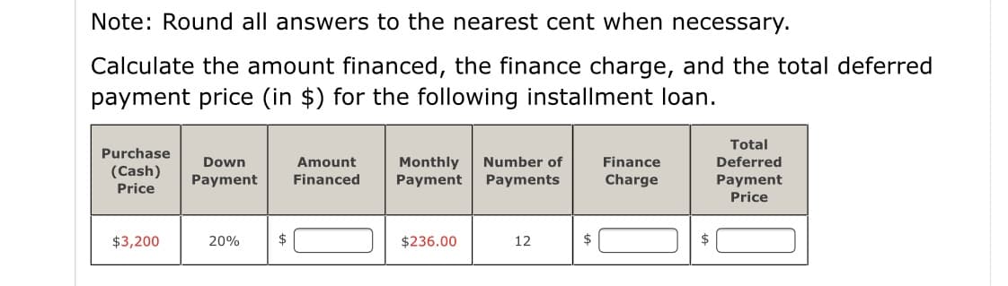 Note: Round all answers to the nearest cent when necessary.
Calculate the amount financed, the finance charge, and the total deferred
payment price (in $) for the following installment loan.
Total
Purchase
Down
Amount
Monthly
Payment
Number of
Finance
Deferred
(Cash)
Price
Payment
Financed
Payments
Charge
Payment
Price
$3,200
20%
2$
$236.00
12
$
$
