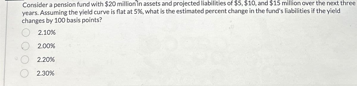 Consider a pension fund with $20 million in assets and projected liabilities of $5, $10, and $15 million over the next three
years. Assuming the yield curve is flat at 5%, what is the estimated percent change in the fund's liabilities if the yield
changes by 100 basis points?
2.10%
2.00%
2.20%
2.30%
