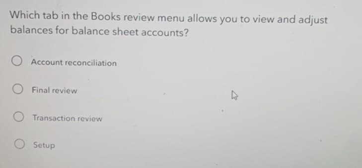 Which tab in the Books review menu allows you to view and adjust
balances for balance sheet accounts?
Account reconciliation
Final review
O Transaction review
O Setup
