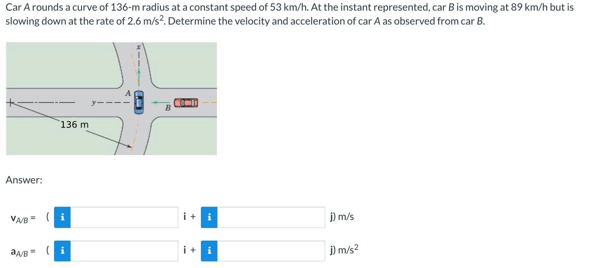 Car A rounds a curve of 136-m radius at a constant speed of 53 km/h. At the instant represented, car B is moving at 89 km/h but is
slowing down at the rate of 2.6 m/s2. Determine the velocity and acceleration of car A as observed from car B.
Answer:
VA/B =
aA/B =
136 m
(i
B
CIMI
i +
i +
i
i
j) m/s
j) m/s²