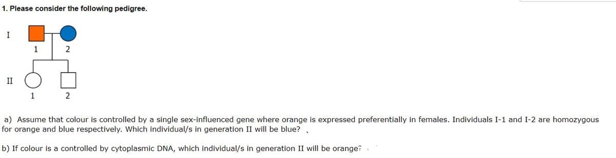 1. Please consider the following pedigree.
I
1
2
II
1
a) Assume that colour is controlled by a single sex-influenced gene where orange is expressed preferentially in females. Individuals I-1 and I-2 are homozygous
for orange and blue respectively. Which individual/s in generation II will be blue?
b) If colour is a controlled by cytoplasmic DNA, which individual/s in generation II will be orange?
