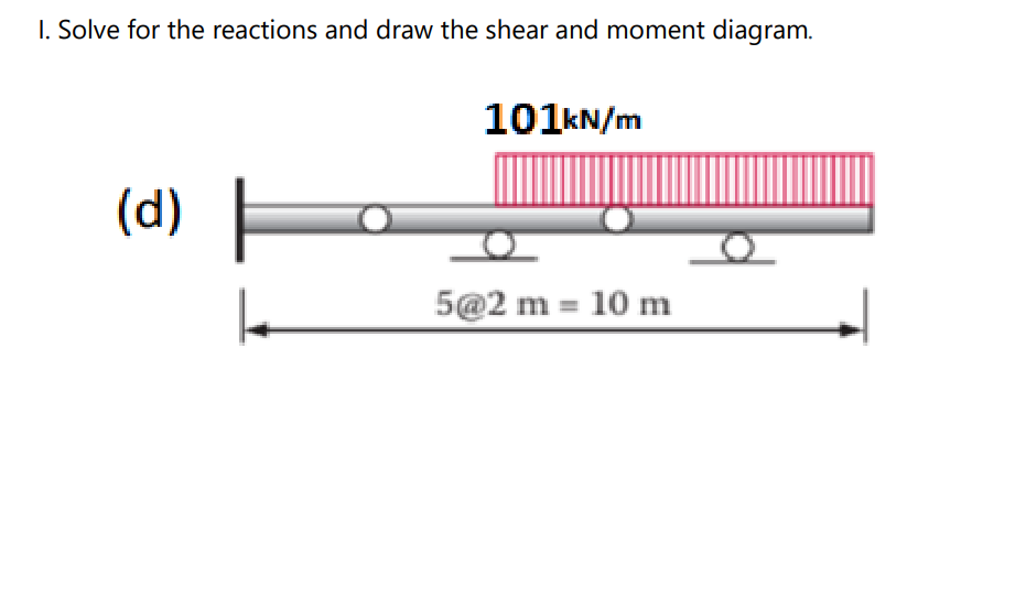 I. Solve for the reactions and draw the shear and moment diagram.
101KN/m
(d)
5@2 m = 10 m

