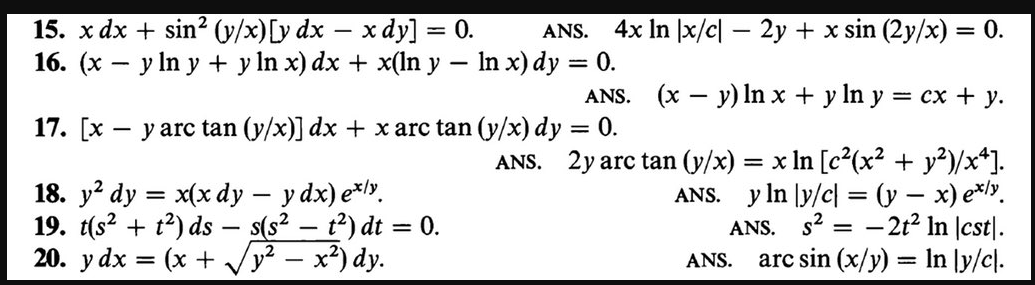 15. x dx + sin? (v/x)[y dx – x dy] = 0.
16. (x – y In y + y ln x) dx + x(In y – In x) dy = 0.
4x In |x/c| – 2y + x sin (2y/x) = 0.
ANS.
%3D
ANS. (x – y) In x + y In y
= cx + y.
17. [x – y arc tan (y/x)] dx + x arc tan (y/x) dy = 0.
18. y? dy = x(x dy – y dx) e*lv.
19. t(s? + t?) ds – s(s² – t?) dt = 0.
20. y dx = (x + y² – x²) dy.
ANS. 2y arc tan (y/x) = x In [c2(x² + y²)/x+].
ANS. y In ly/c = (y – x) e*l».
ANS. s? = - 2t² In |cst|.
arc sin (x/y) = In [y/c\.
%3D
ANS.
%3D

