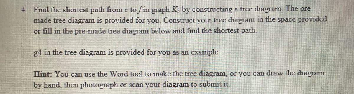 4. Find the shortest path from c to fin graph K3 by constructing a tree diagram. The pre-
made tree diagram is provided for you. Construct your tree diagram in the space provided
or fill in the pre-made tree diagram below and find the shortest path.
g4 in the tree diagram is provided for you as an example.
Hint: You can use the Word tool to make the tree diagram, or you can draw the diagram
by hand, then photograph or scan your diagram to submit it.
