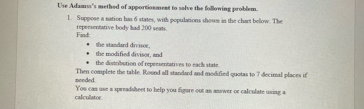 Use Adamss's method of apportionment to solve the following problem.
1. Suppose a nation has 6 states, with populations shown in the chart below. The
representative body had 200 seats.
Find:
the standard divisor,
the modified divisor, and
the distribution of representatives to each state.
Then complete the table. Round all standard and modified quotas to 7 decimal places if
needed.
You can use a spreadsheet to help you figure out an answer or calculate using a
calculator.
