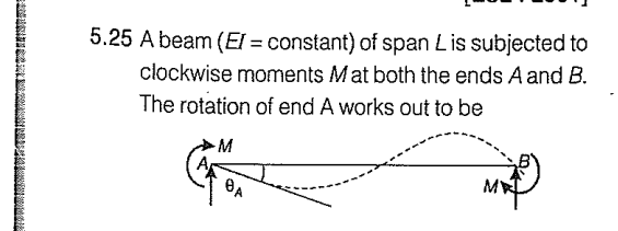 ZOOM MANN QUA MUKANA
5.25 A beam (EI= constant) of span Lis subjected to
clockwise moments Mat both the ends A and B.
The rotation of end A works out to be
M
BA