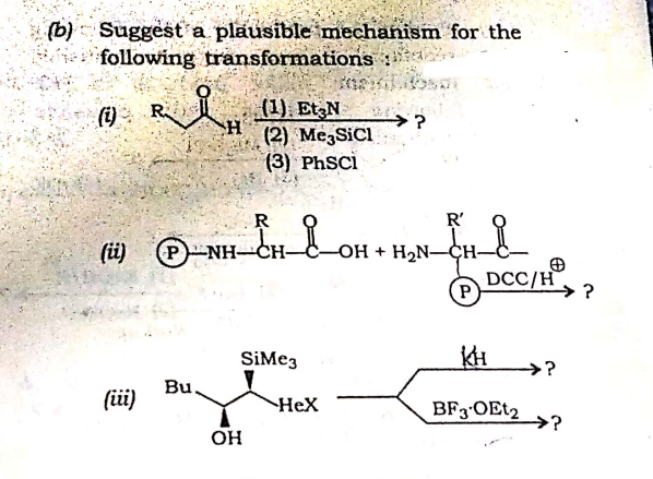 (b) Suggest a plausible mechanism for the
following transformations a
(1)
(i) R
(2) MezSiCl
(3) Phsci
R
R'
of
(üi)
(P NH-CH-
-OH + H2N-ÇH-
DCC/H
P
→?
SiMe3
→?
Bu.
(ii)
HeX
BF3 OET2
→?
OH
